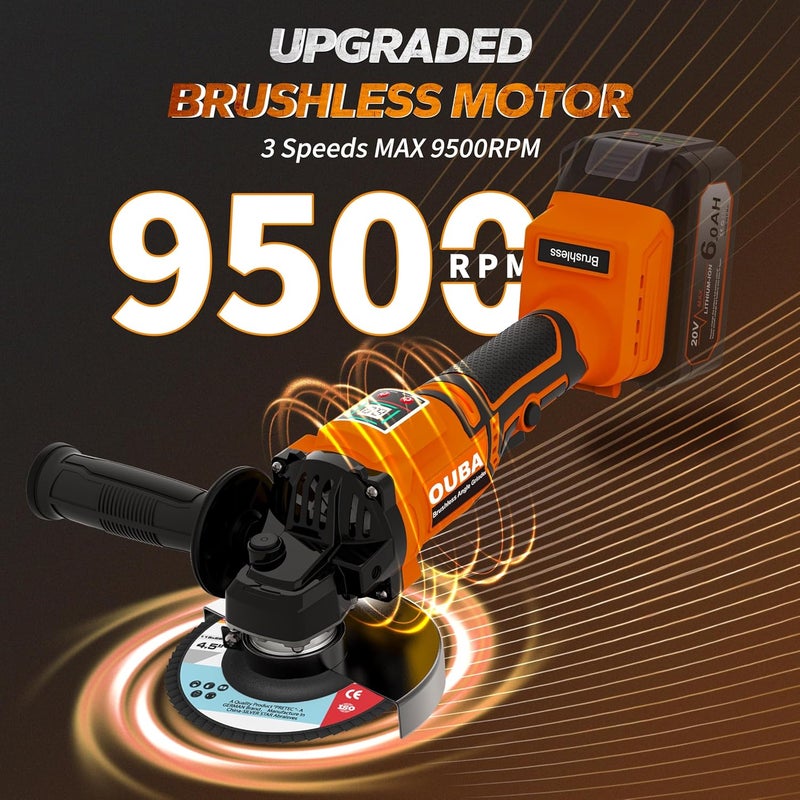OUBA Cordless Angle Grinder Power Tools, Compatible with Dewalt 20V Max Battery Grinder Tool, Brushless Motor with LED, 3 Variable Speed, 4-1/2" Cutting Whee, Flap Disc Grinding (No Battery), Orange - Image 3